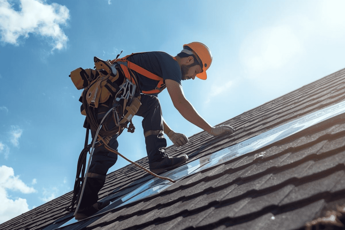 Dakrenovatie door een dakdekker die op een dak staat