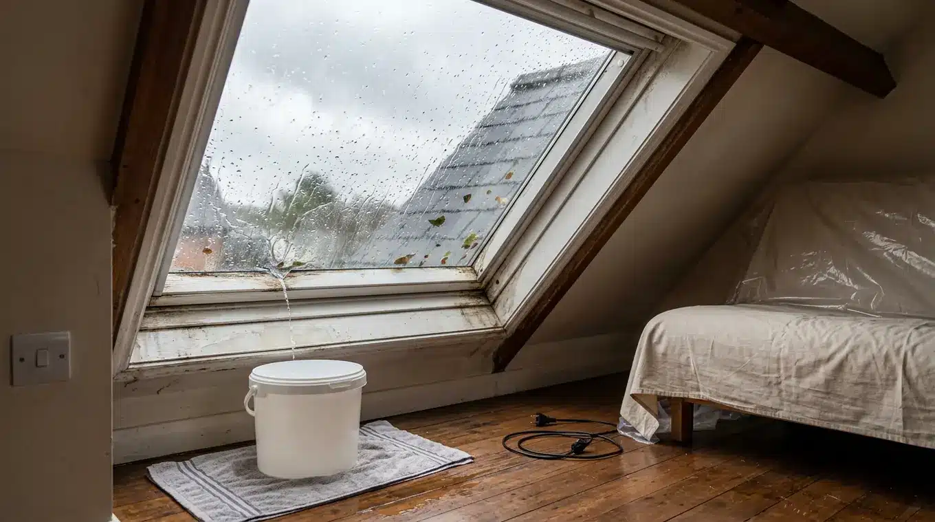 Zolderinterieur met lekkend dakraam: regendruppels en drup langs de raamhoek, emmer vangt water, handdoek beschermt houten vloer, meubels afgedekt, lichtschakelaar uit.