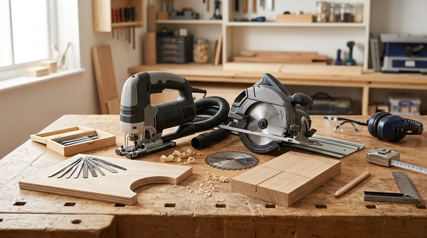 Horizontale foto van een houten werkbank met een decoupeerzaag links en een cirkelzaag rechts, verschillende zaagbladen, een korte geleiderail, proefstukken hout met gekrulde en re