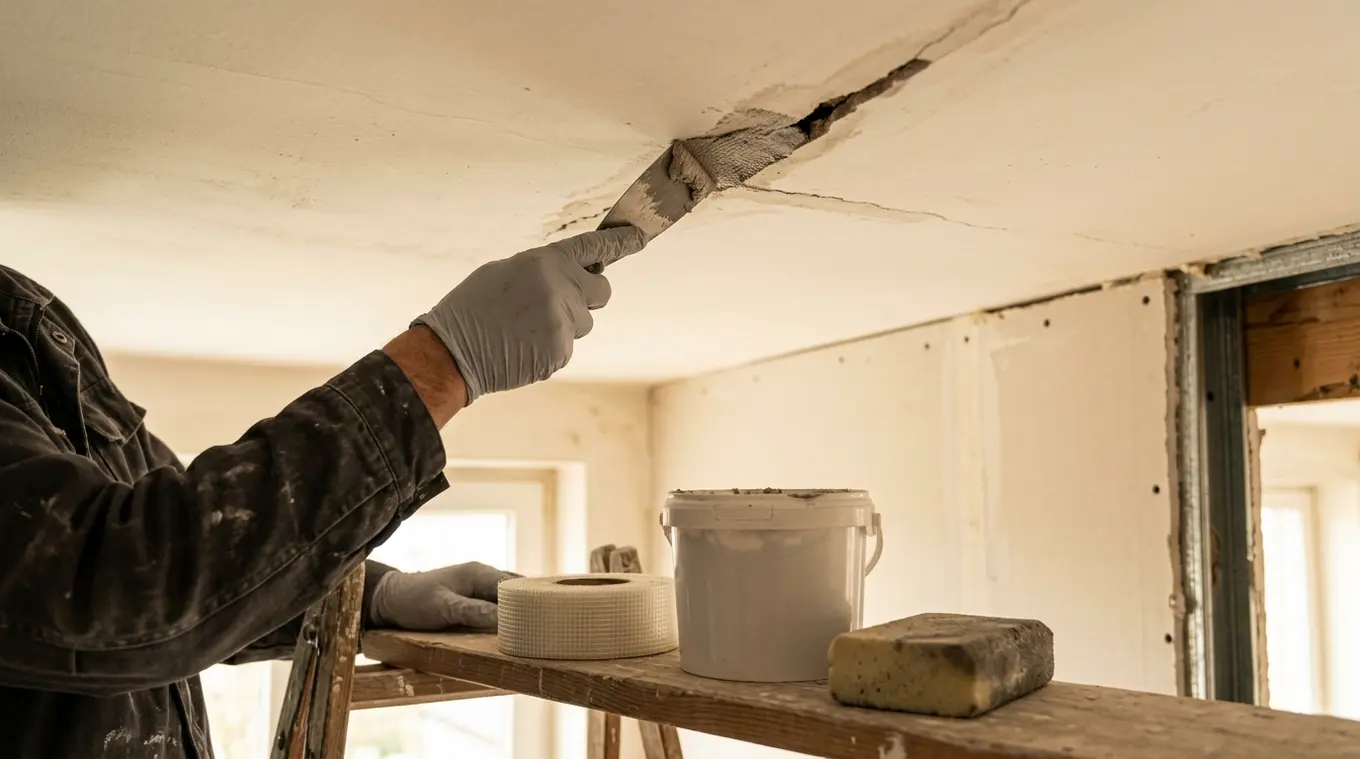 Handen van een klusser vullen een uitgeslepen scheur in een gestuct plafond met vezelversterkte vulmassa; gereedschap, gaasband, een gipsplaatnaad en een stukje metalstud-frame op