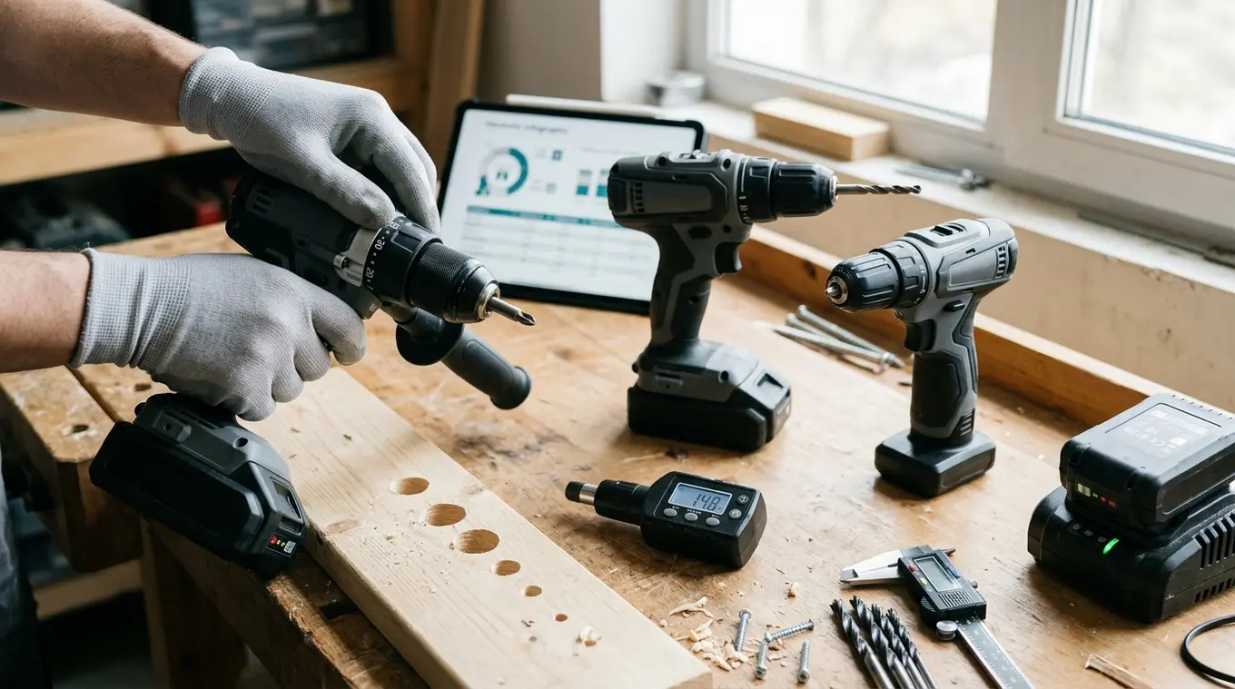 Horizontale foto van een werkbank met verschillende accuboormachines (verschillende formaten), een hand die de koppelinstelling draait, houten plank met geboorde gaten, digitale mo