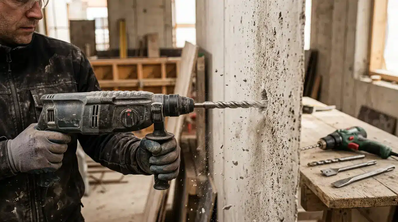 Close-up van een boorhamer met een SDS-plus boor die in beton boort, stofwolk rond het boorgat; op de achtergrond een klopboormachine en verschillende boren op een werkbank, handen