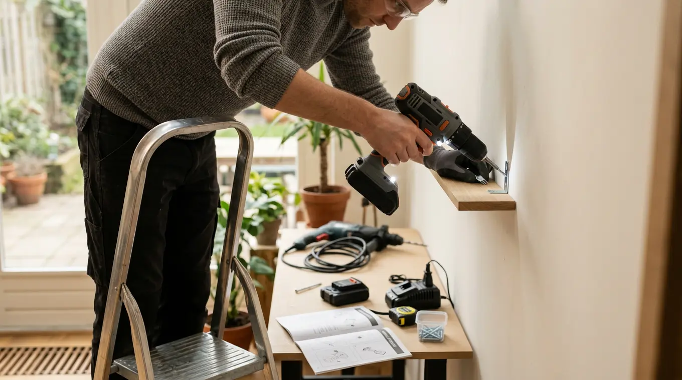 Persoon monteert een plank boven schouderhoogte met een compacte accuschroefboormachine; op een werkbankje liggen een extra wisselaccu, lader en een opgeborgen snoerboor; veilighei