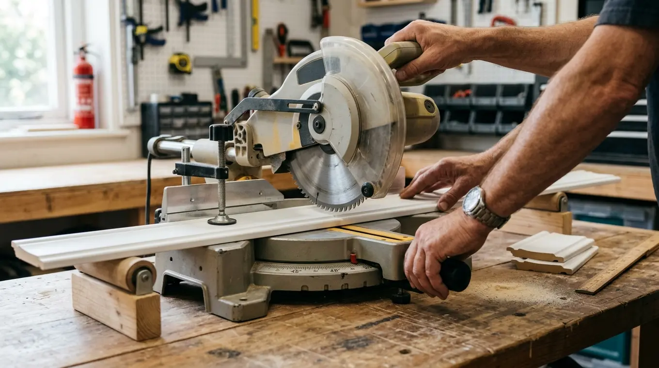 Horizontale foto van een generieke afkortzaag zonder logo's op een werkbank; materiaalklem houdt een plint vast terwijl handen de verstekhoek instellen; afgezaagde latten en werkst