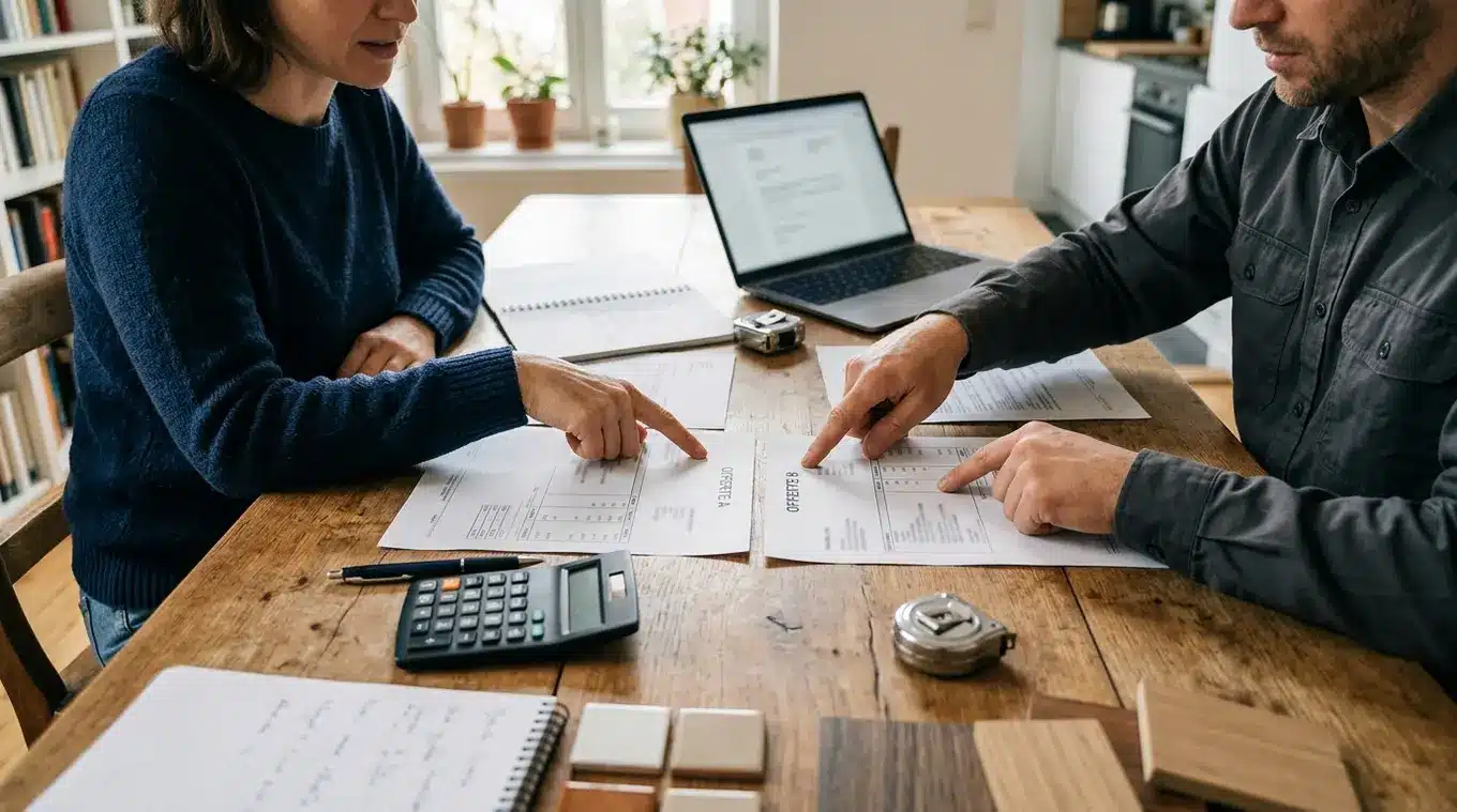 Bovenaanzicht van huiseigenaar en klusser die offertes naast elkaar leggen op een tafel met rekenmachine, laptop en materiaalsamples; documenten onscherp zodat geen tekst of logo's
