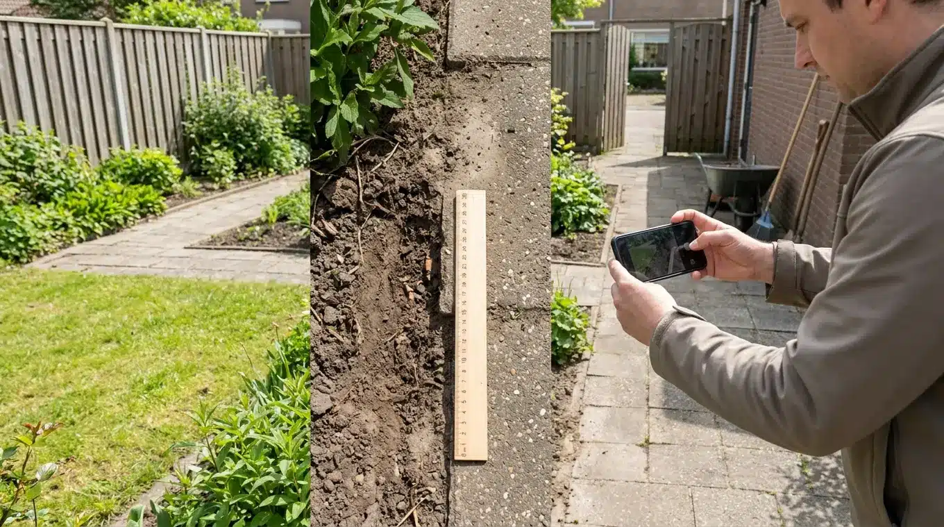 Brede daglichtfoto van een tuin: links overzicht van het perceel, midden close‑up van de ondergrond met liniaal als schaal, rechts toegangspad met obstakels; persoon maakt met een