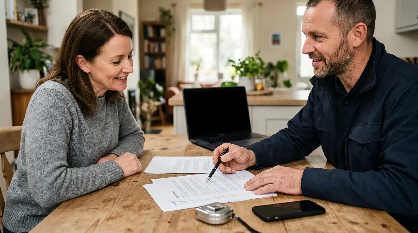 Vakman en huiseigenaar aan tafel die samen een offerte bespreken; handen wijzen naar papieren met meetlint, pen en smartphone op tafel, laptop zonder logo op de achtergrond, profes