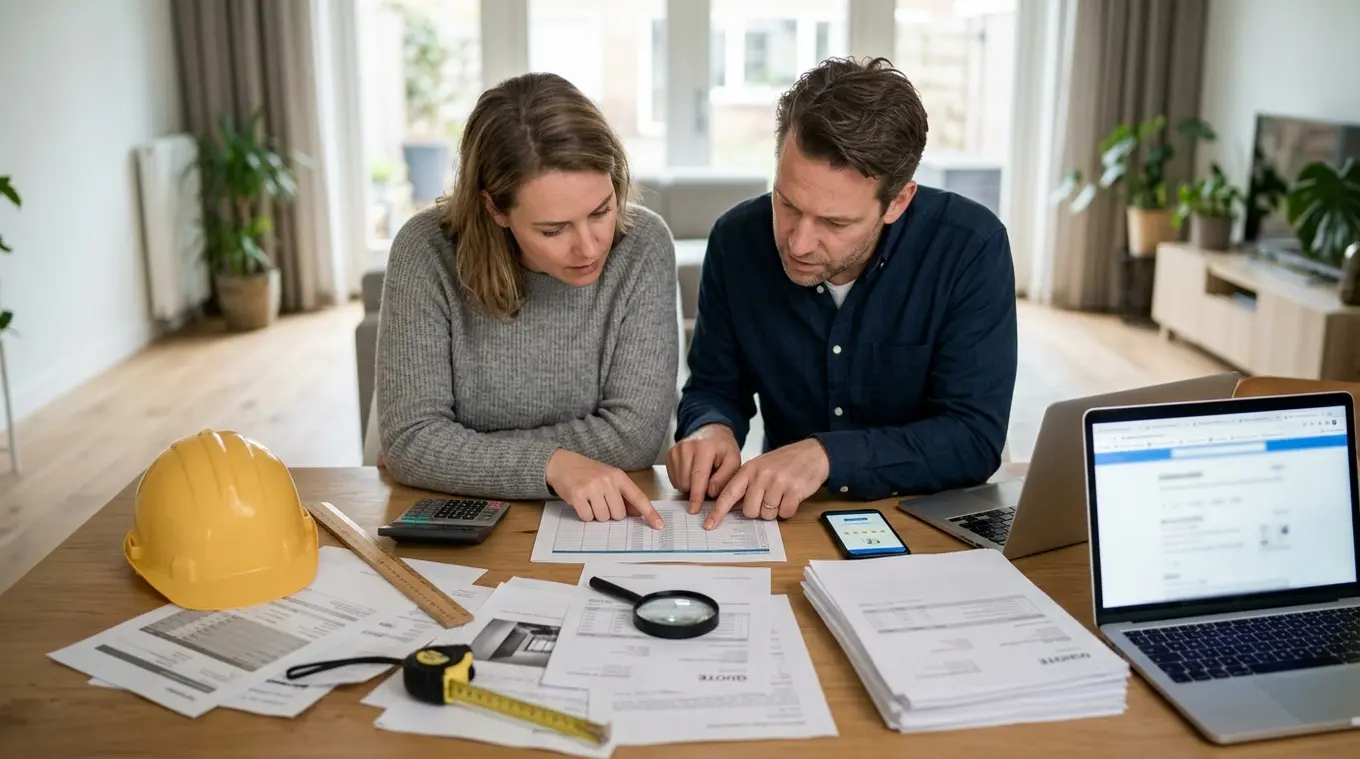 Breedbeeldfoto van twee mensen aan een huiskamertafel die offertes en documenten vergelijken; op tafel rekenmachine, meetlint, bouwhelm zonder logo, vergrootglas en een smartphone