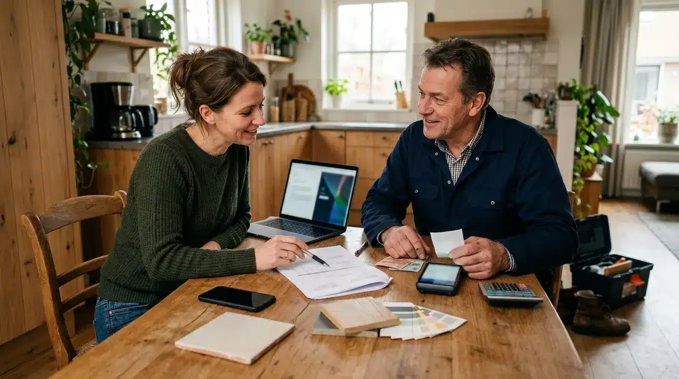 Huiseigenaar en vakman overleggen aan een keukentafel met offertes, materiaalsamples, laptop en telefoon; de huiseigenaar wijst met een pen naar een papieren offerte terwijl de vak