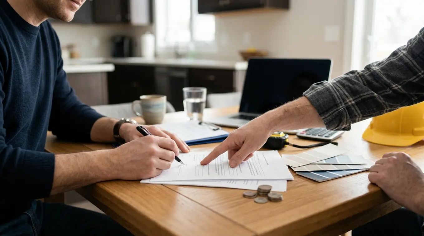 Huiseigenaar en aannemer aan eettafel die samen papieren en een betalingsschema doornemen; handen met pen en wijzende vinger, laptop, rolmaat en bouwhelm op tafel, tekst en scherme