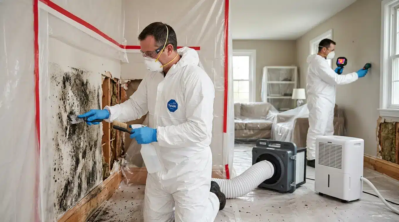 Vakman in beschermende outfit verwijdert schimmel van een binnenmuur; werkruimte is afgezet met plastic, een HEPA-luchtzuiveraar en een collega controleert vocht- en isolatieproble