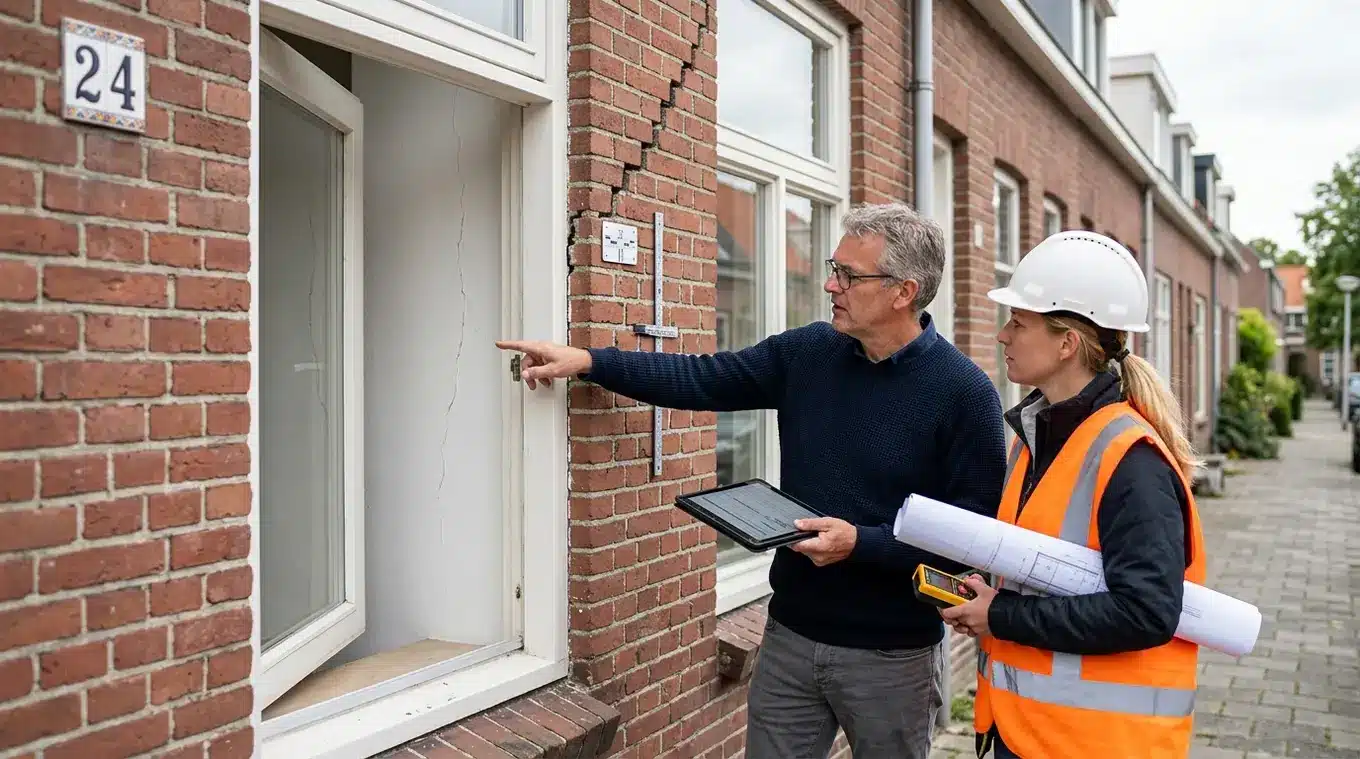 Horizontale foto van gevel met trapvormige scheur bij kozijn en door open raam een fijne haarscheur in stucwerk; een bouwkundig expert met clipboard en een constructeur met helm en