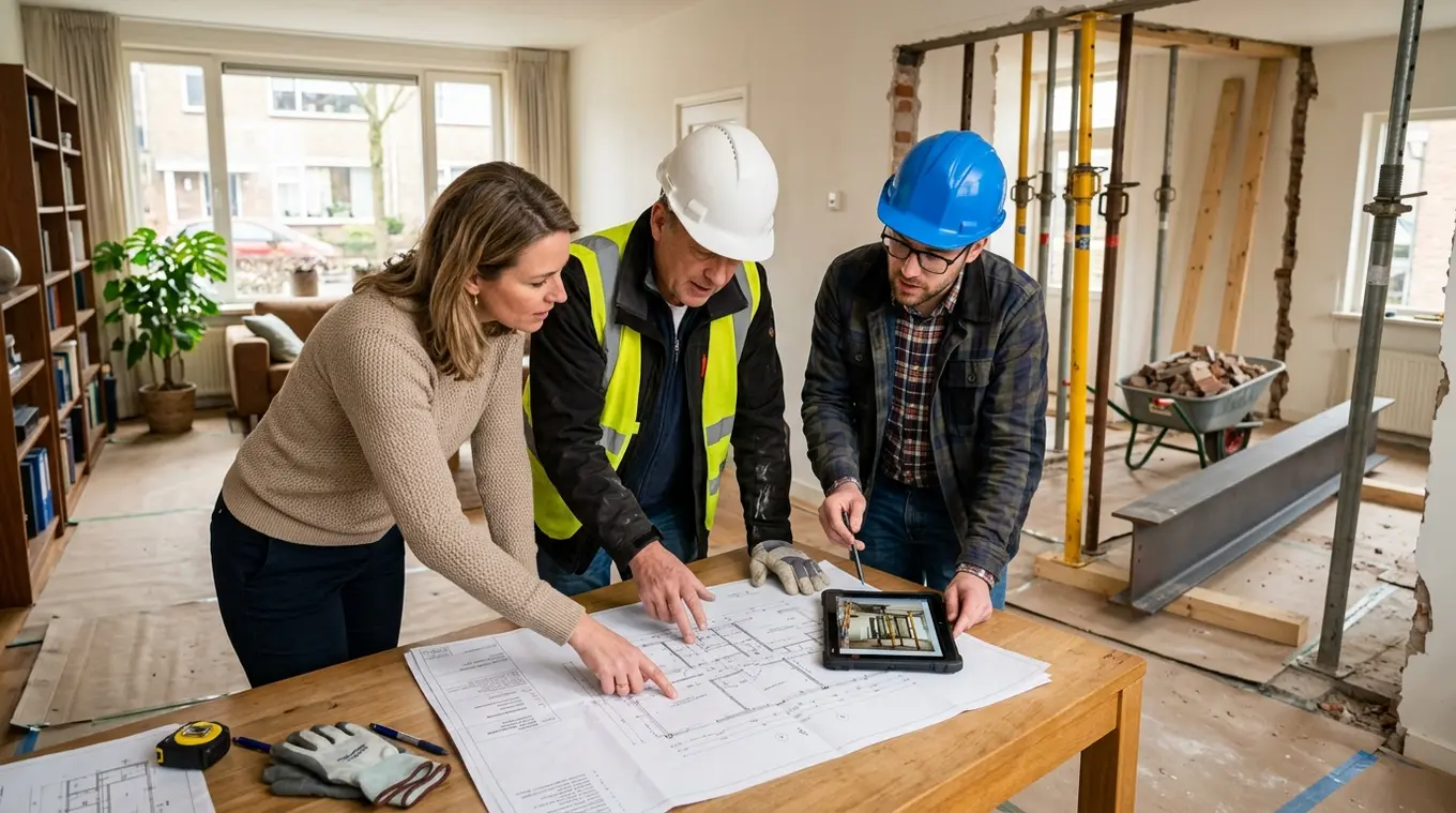 Huiseigenaar praat met aannemer en constructeur boven bouwtekeningen en een tablet; op de achtergrond tijdelijke stempels en een stalen balk, verzorgde werkomgeving zonder logo's.