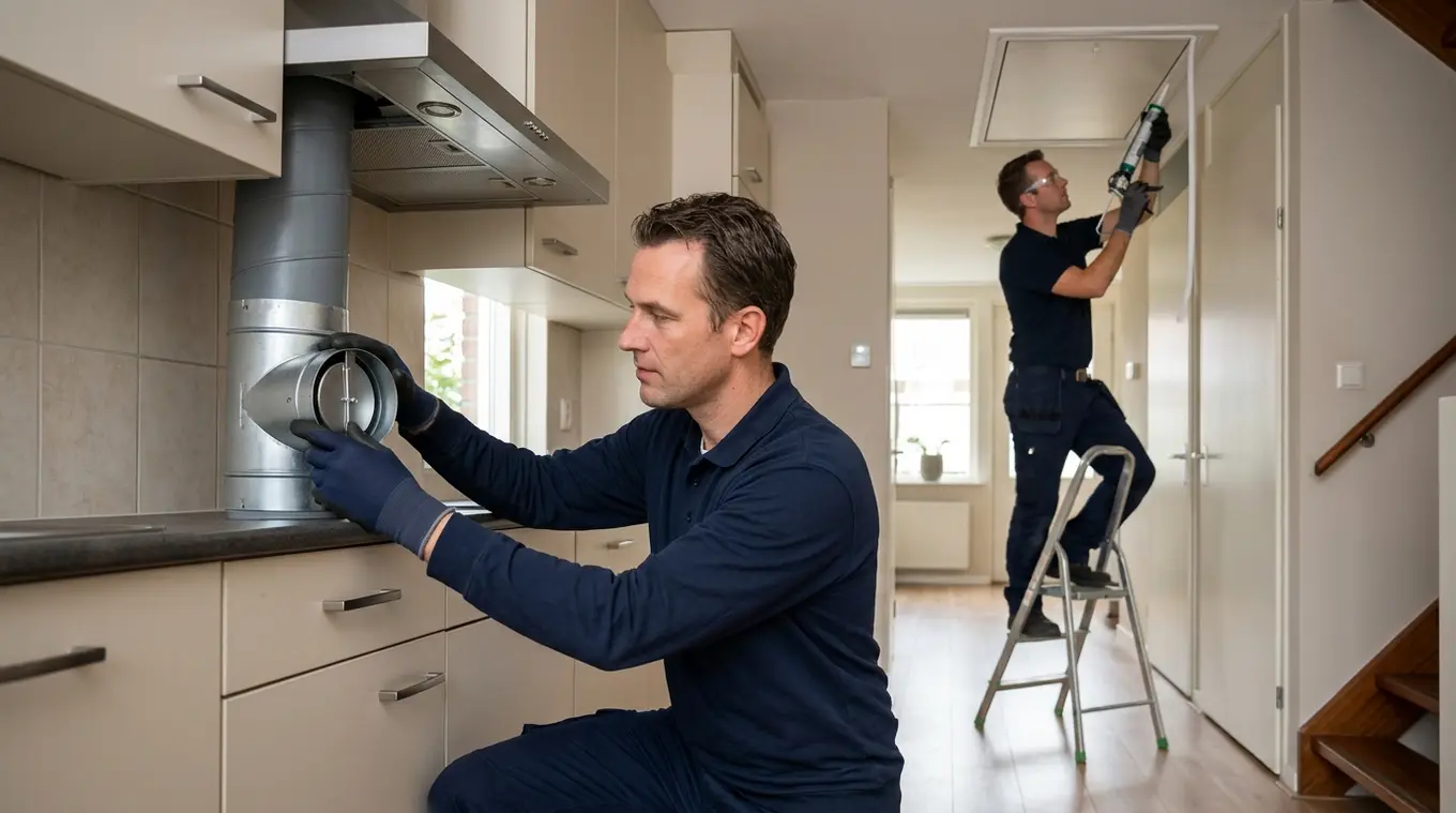 Vakman installeert terugslagklep onder afzuigkap; op de achtergrond wordt kierdichting rond een zolderluik aangebracht, binneninterieur, geen logo's.