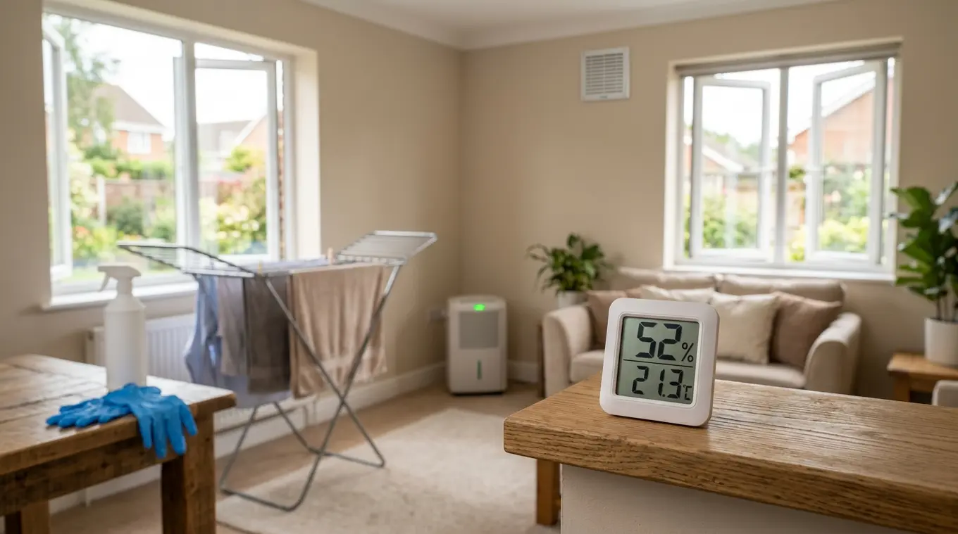 Horizontale foto van een woonkamer met een hygrometer (45–55%) op een plank, tegenover elkaar geopende ramen voor dwarsventilatie, een kleine luchtontvochtiger en een droogrek met