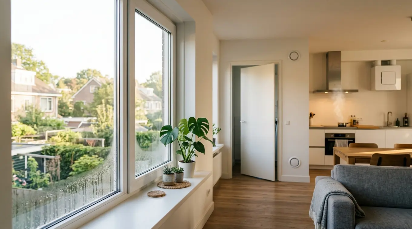 Hoge resolutie horizontale foto van een modern interieur met een groot dubbelglas raam waarop aan de onderkant nog wat condensdruppels zitten; in de achtergrond een open deur met k
