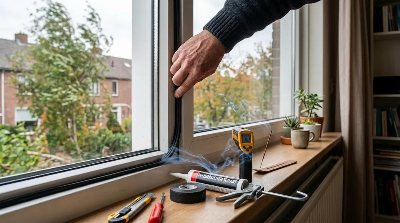 Handen plaatsen nieuwe raamrubber in een wit kunststof kozijn; gereedschap, infraroodthermometer en een wierookstok op de vensterbank laten tochtcontrole zien; modern meerlaags gla