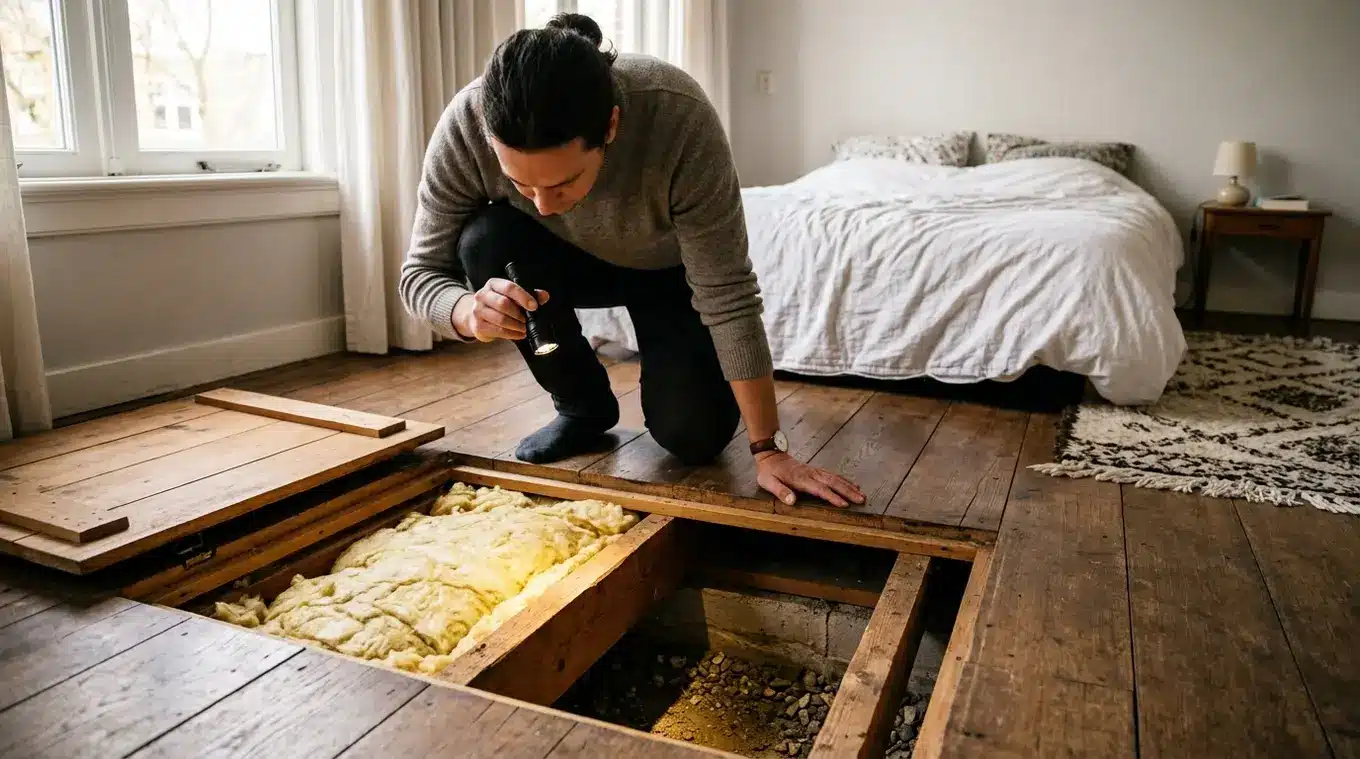 Persoon knielt bij een open kruipluik in een slaapkamer en schijnt met een zaklamp in de kruipruimte; onderzijde van de vloer toont houten balken met deels aanwezige isolatie en de