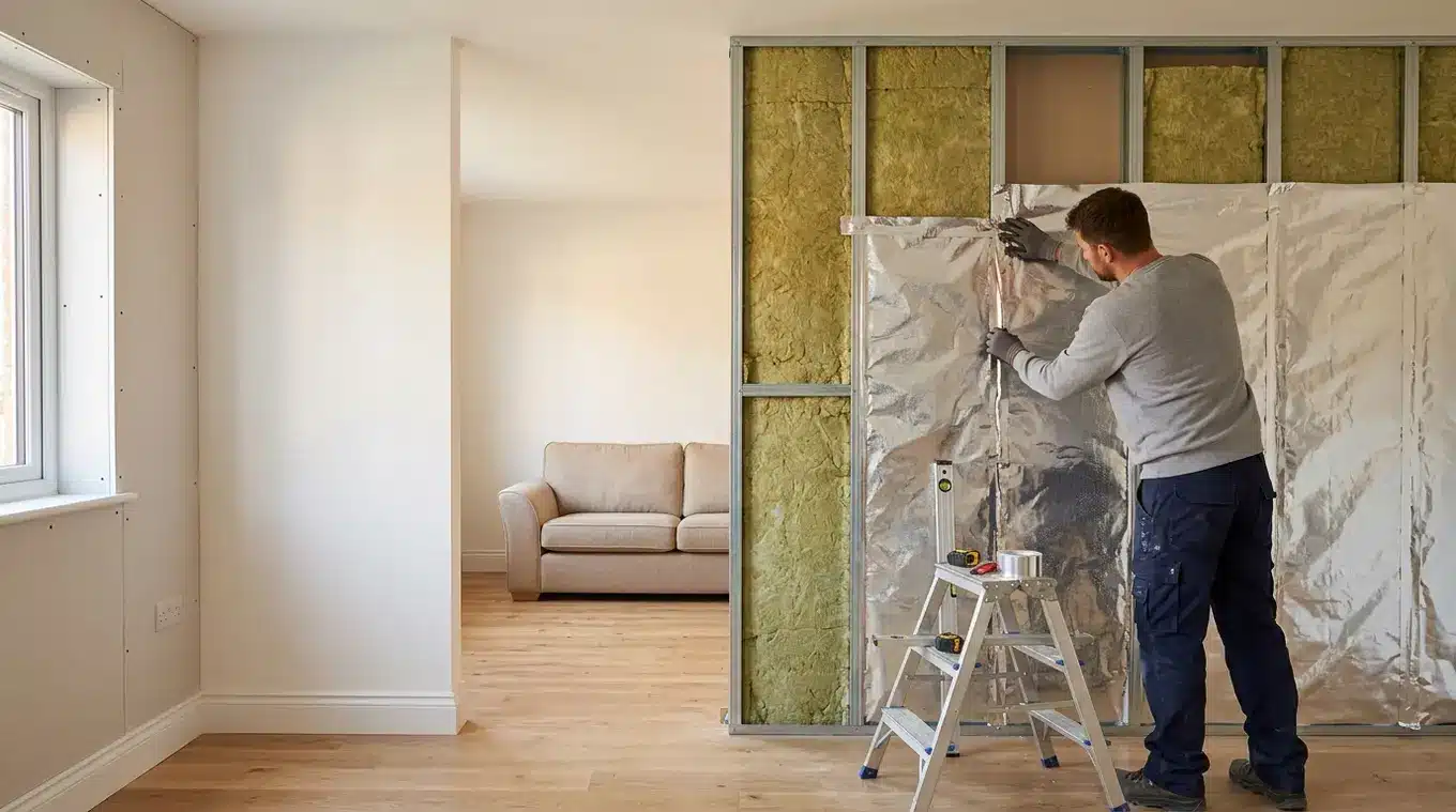 Interieurfoto van een binnenmuur met deels afgewerkte voorzetwand: links afgewerkte gipsplaat, rechts open regelwerk met isolatie en dampremmende folie die een vakman afdicht; meub