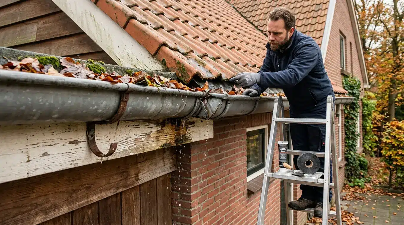 Vakman op ladder inspecteert lekkende dakgoot in herfstsetting; bladeren in goot, waterdruppels bij een gescheurde hoek, roestige beugel en licht houtrot zichtbaar; gereedschap en