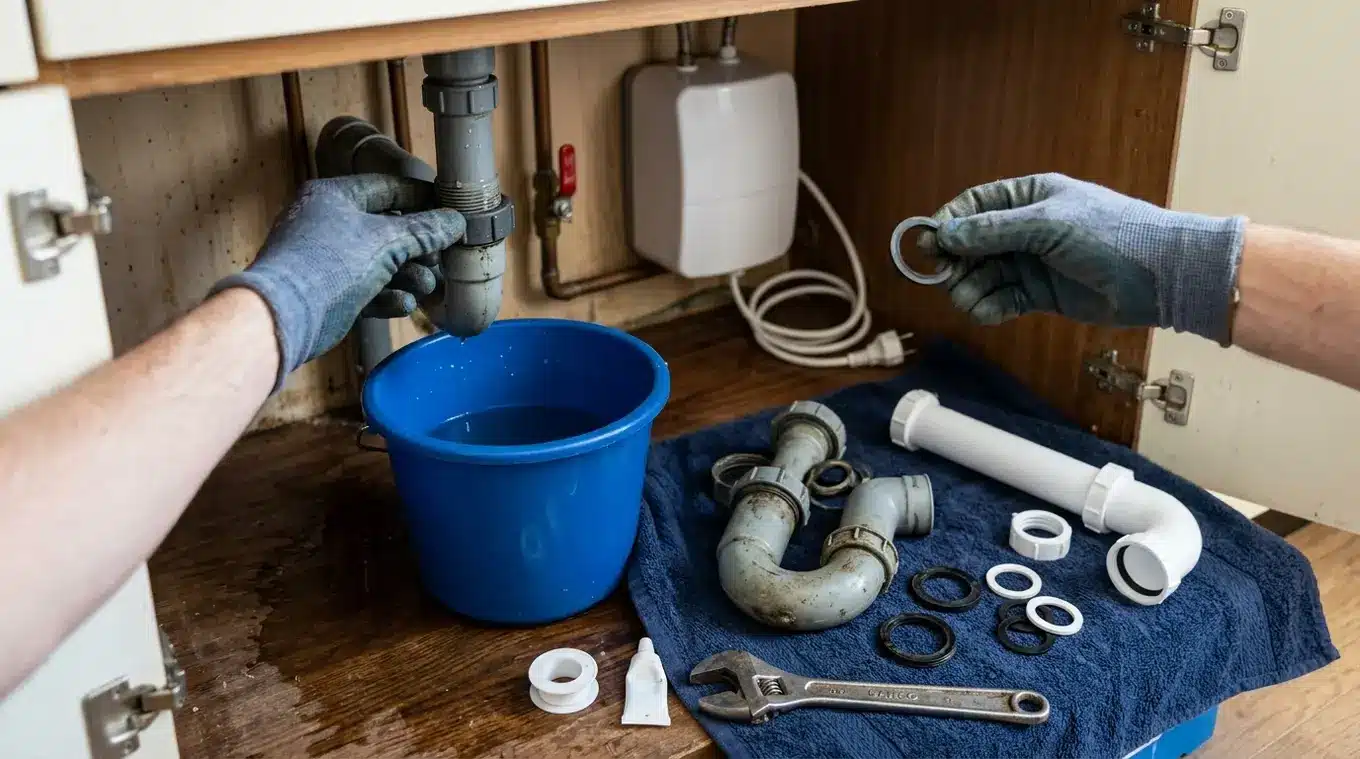 Horizontale fotorealistische opname van een open keukenkastje onder de gootsteen: emmer vangt druppels, sifononderdelen en nieuwe rubbers liggen op een doek, handen met handschoene