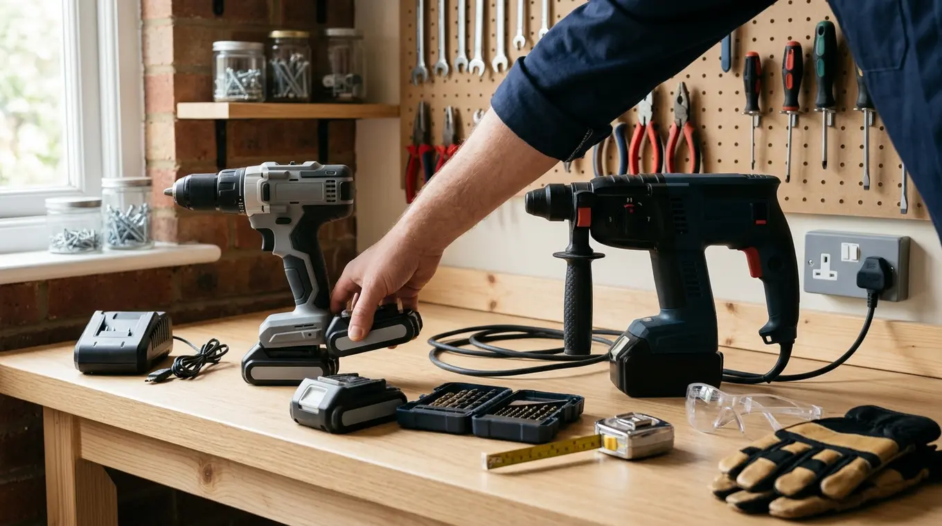 Horizontale foto van een houten werkbank met links een accuklopboor waarvan iemand een accu wisselt en rechts een snoergebonden klopboor die in een wandcontactdoos is gestoken; boo