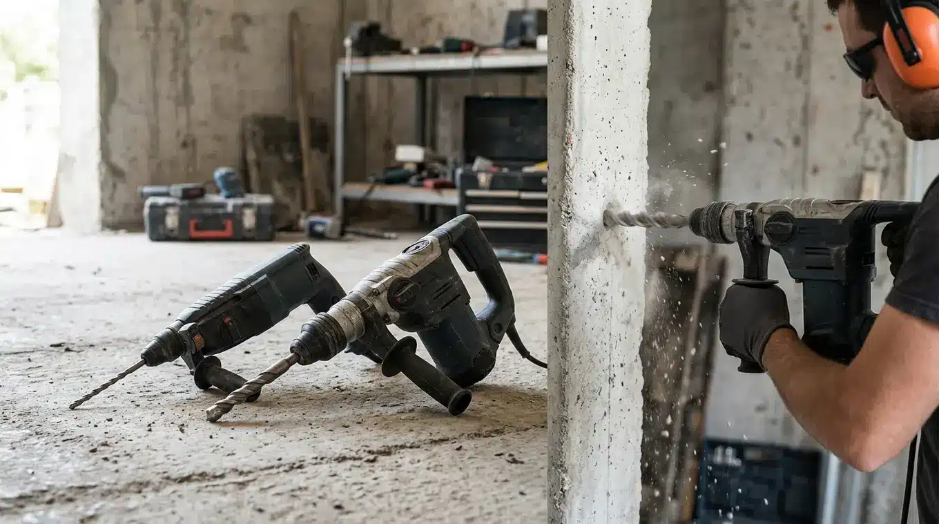 Horizontale foto van twee ongebadgeerde boorhamers met verschillende bitmaten (kleine SDS-plus en grote SDS-max); een boorhamer boort in beton met stof en brokjes terwijl de gebrui