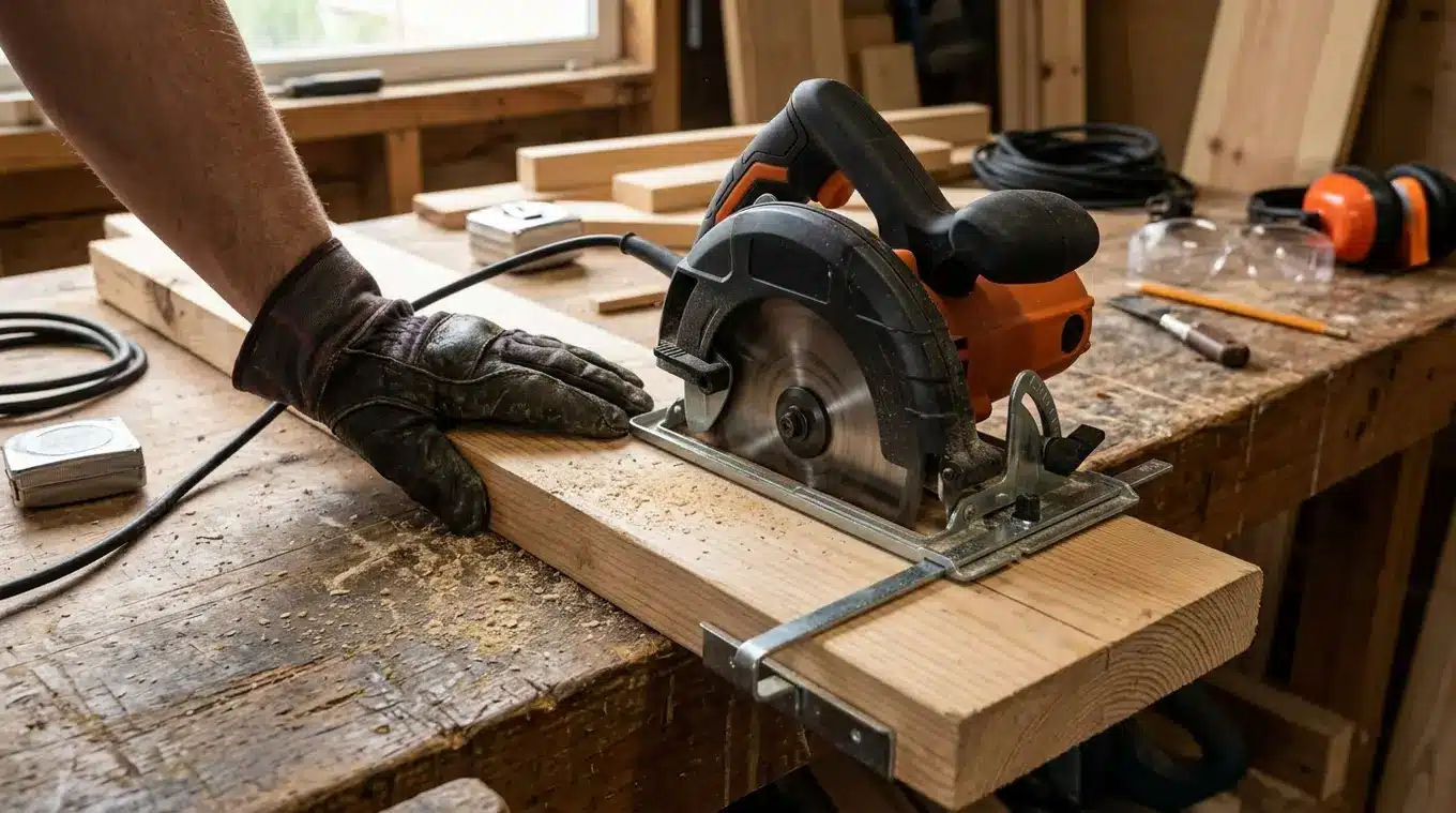 Horizontale foto van een compacte bedrade cirkelzaag zonder logo's op een houten werkbank, met parallelgeleider en een plank half doorgesneden, zaagkrullen en veiligheidsbril op de