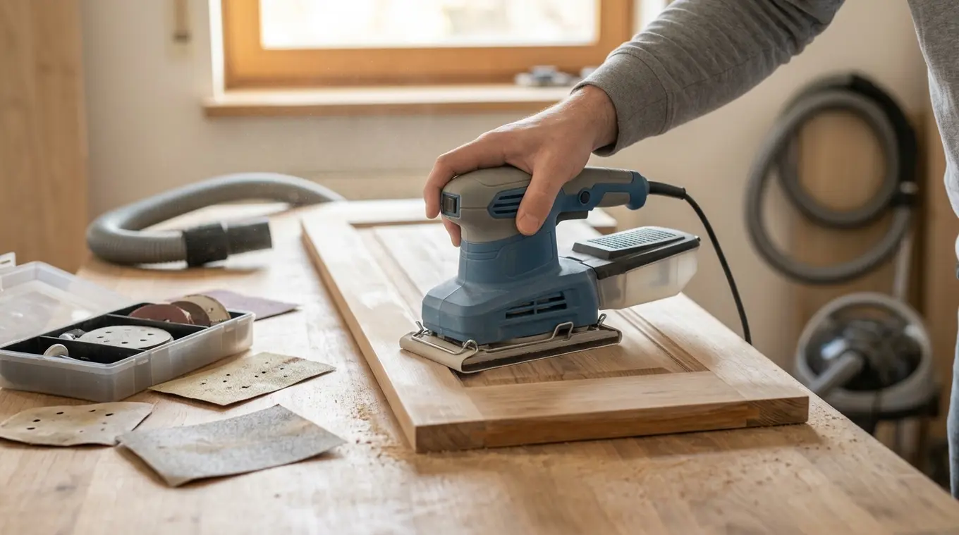 Horizontale foto van een compacte, merkloze vlakschuurmachine met stofbox in gebruik door een hand van een doe-het-zelver op een houten deurpaneel; losse schuurvellen en een stofzu