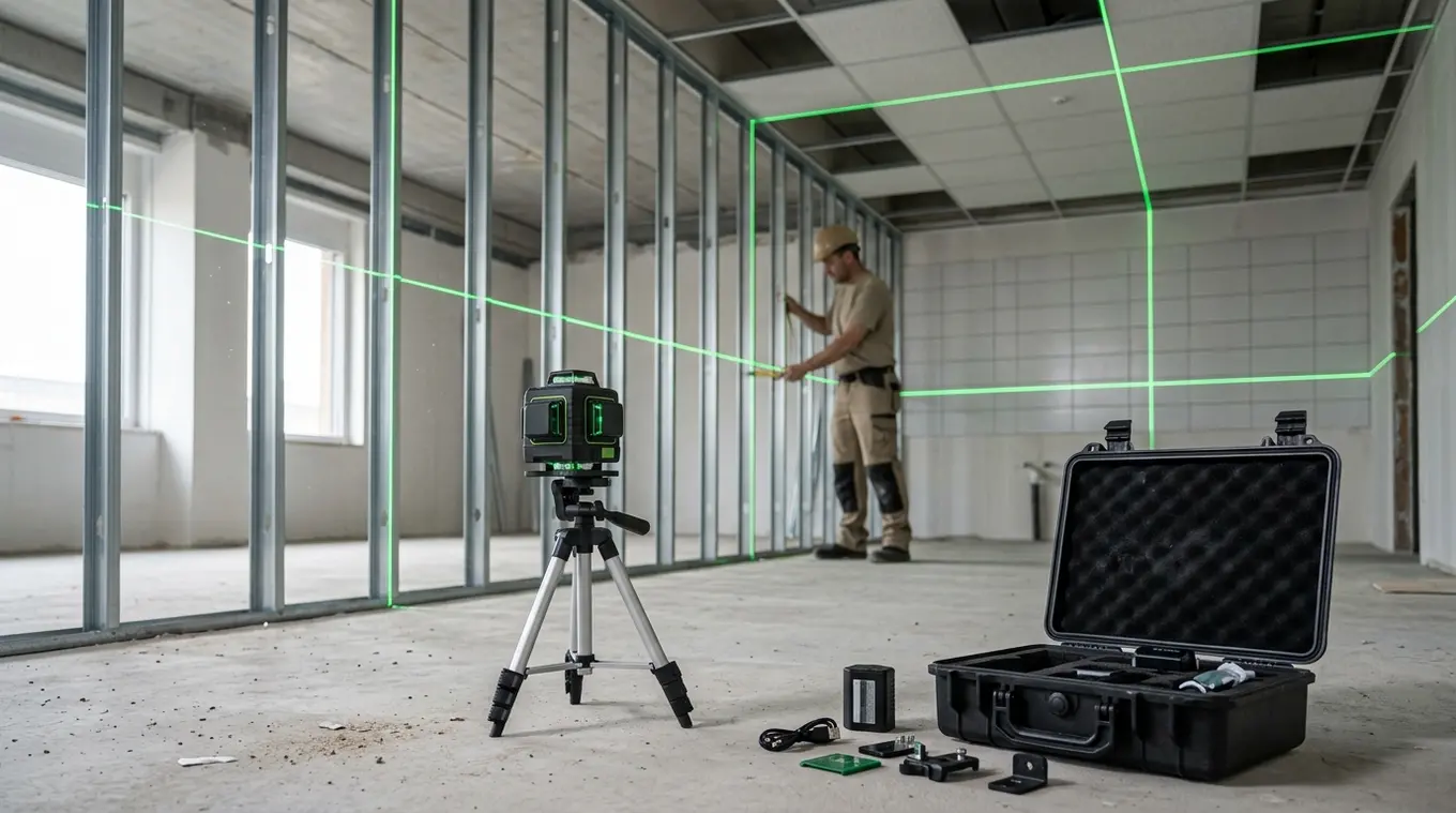 Horizontale foto van een generieke kruislijnlaser op een laag statief in een bouwruimte met metalstuds, systeemplafond en betegelde wand; felle groene lijnen vormen drie vlakken ro