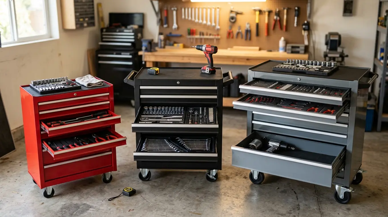 Horizontale realistische foto van drie gereedschapswagens in een garage: links een eenvoudig instapmodel met ondiepe lades en basisgereedschap, in het midden een steviger middenseg