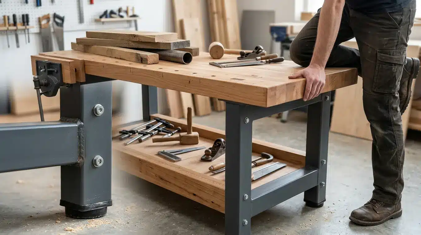 Realistische foto van een stevige werkbank in een timmerwerkplaats; zware materialen en gereedschap op het blad, persoon die met knie/hand op het blad drukt om stabiliteit te teste
