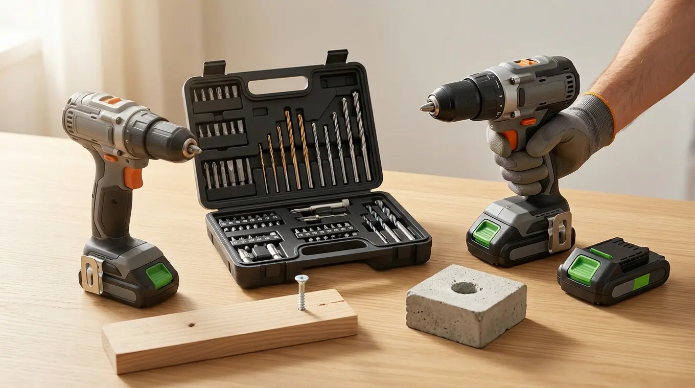 Horizontale foto van twee niet-merkgebonden accu-boormachines en accessoires op een houten werkbank: open koffer met bits, losse accu's, stukje hout met half-ingedraaid schroef en