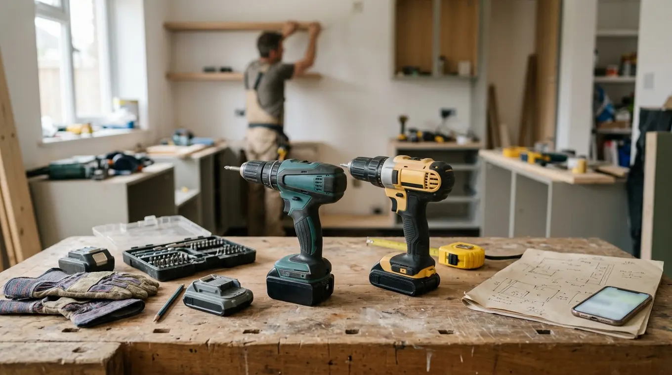 Horizontale foto van twee generieke accu-boormachines zonder logo's op een houten werkbank, omringd door accu's, boorbitjes, rolmaat en handschoenen; op de achtergrond onscherp iem