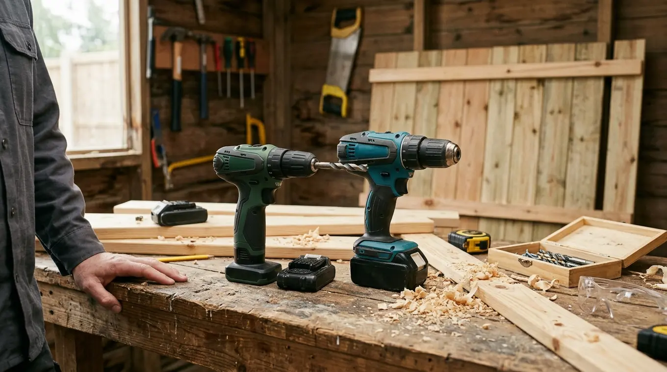 Horizonale foto van twee accu‑boormachines op een houten werkbank in een lichte garage: één met groene accenten en kleine accu, één met blauwe accenten en grotere accu, omringd doo