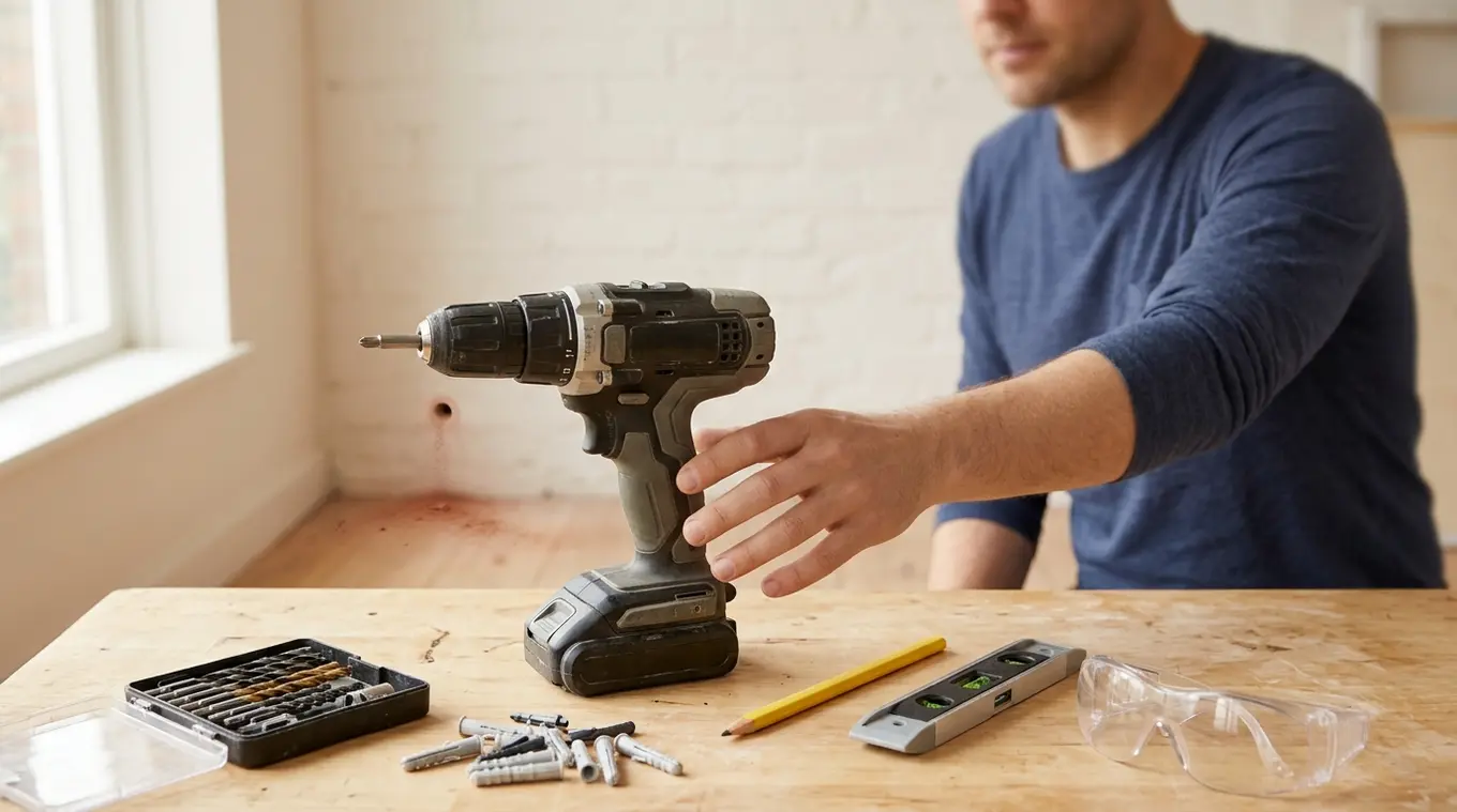Horizontale foto van een accuboormachine op een werkbank met boorbitjes, pluggen en een hand die ernaar reikt; op de achtergrond een geboorde muur en wat boorstof, realistisch huis