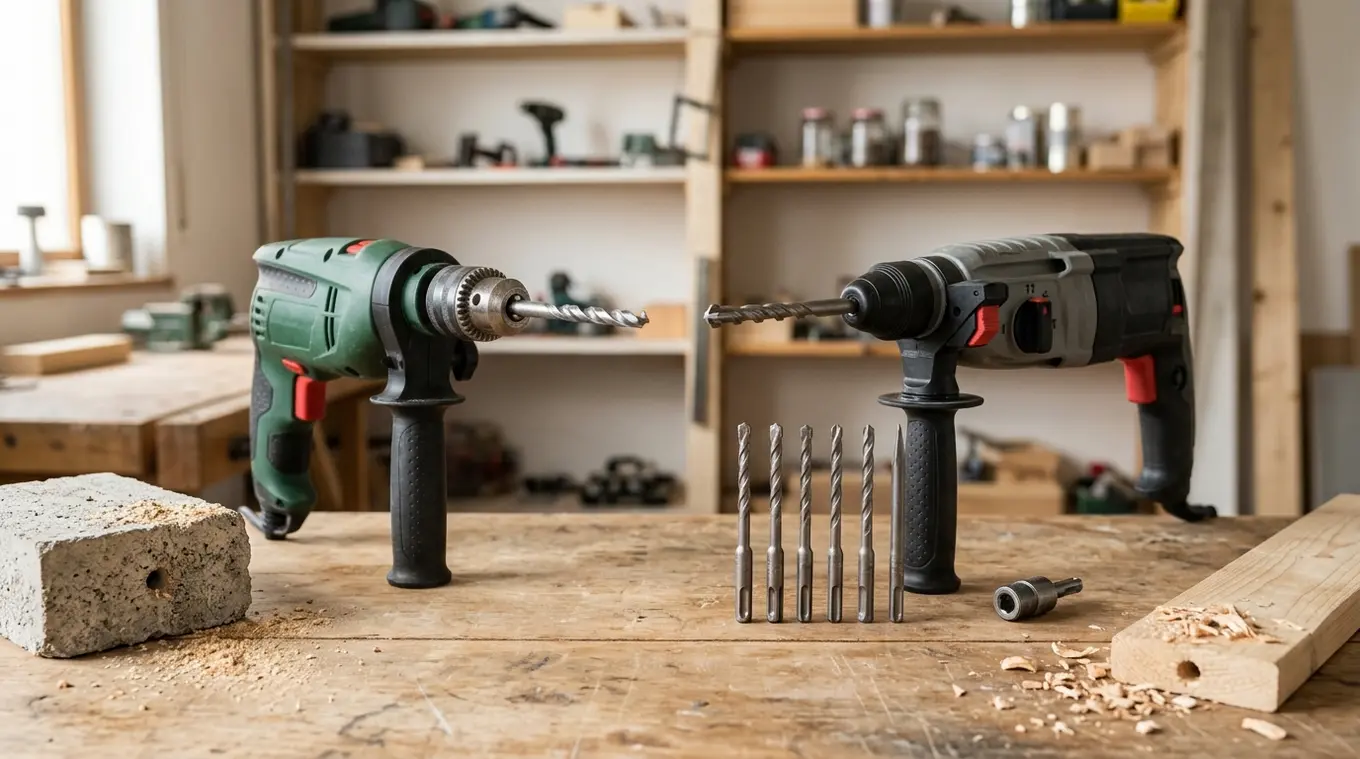 Horizontale foto van een werkbank met links een klopboormachine met standaard boorkop en cilindrische schachtboren, rechts een boorhamer met SDS-plus opname en SDS-boren; losse bor