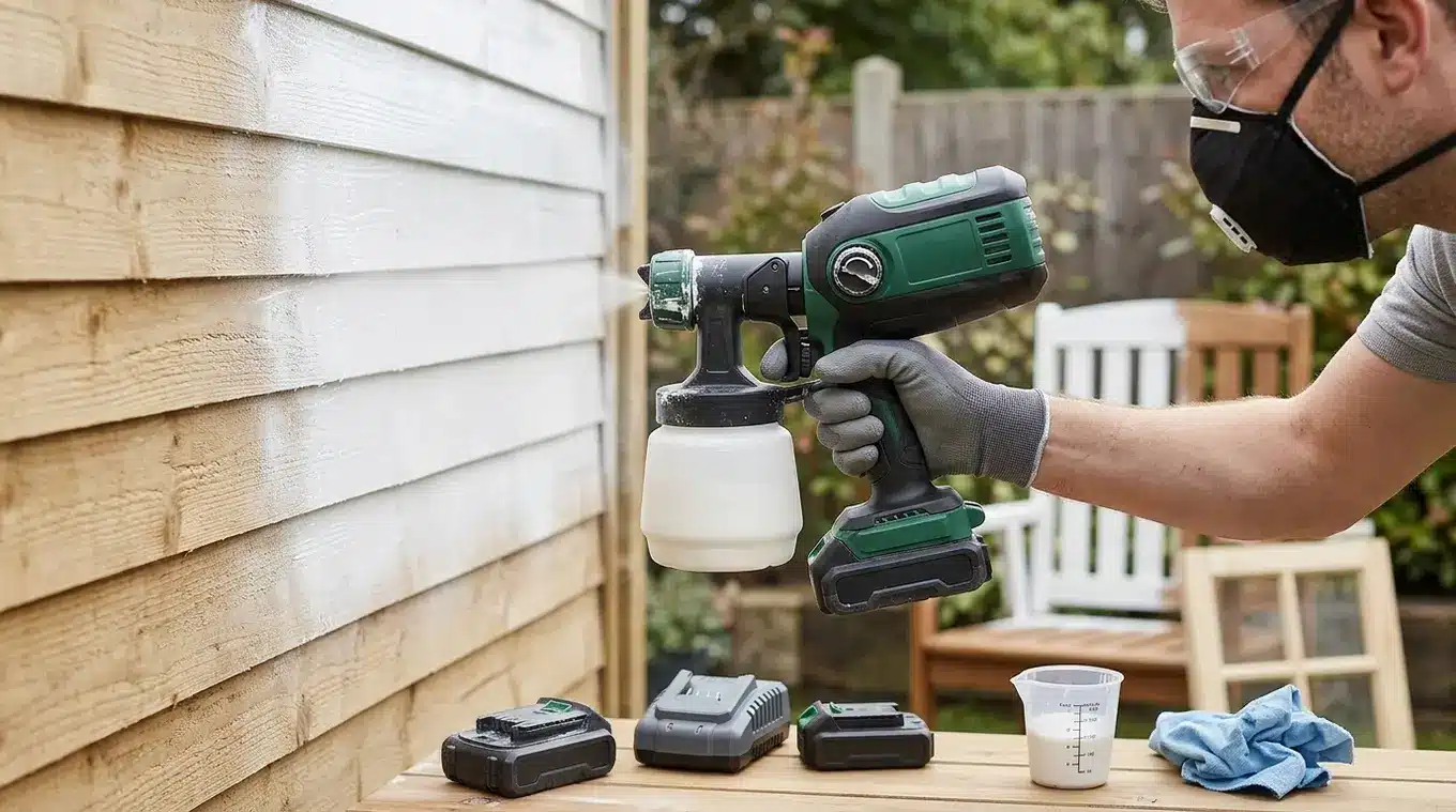 Horizontale realistische foto van een hand met een draadloze HVLP-verfspuit die een houten tuinhek egaal bespuit; losse accu en reserve-accu op een werkbank, halfgespoten tuinstoel
