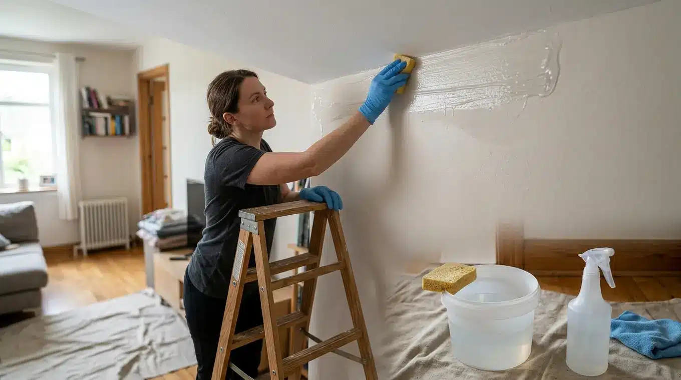 Persoon met handschoenen die een gel-ontvetter met spons aanbrengt op de bovenrand van een muur bij het plafond; emmer met schoon water, doek en schildersdoek op de vloer; onbedruk