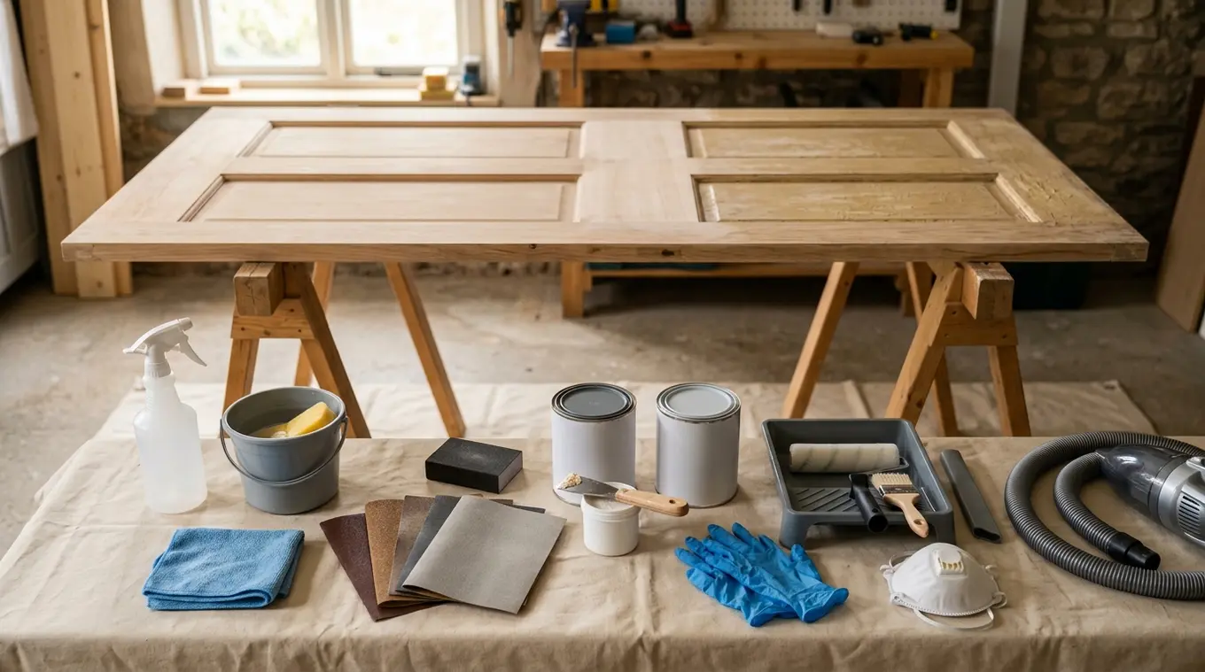 Horizontale foto van zorgvuldig gerangschikte, onbeletterde materialen voor het schilderen van een deur: ontvetter, emmer met spons, pluisvrije doek, schuurpapier (verschillende ko