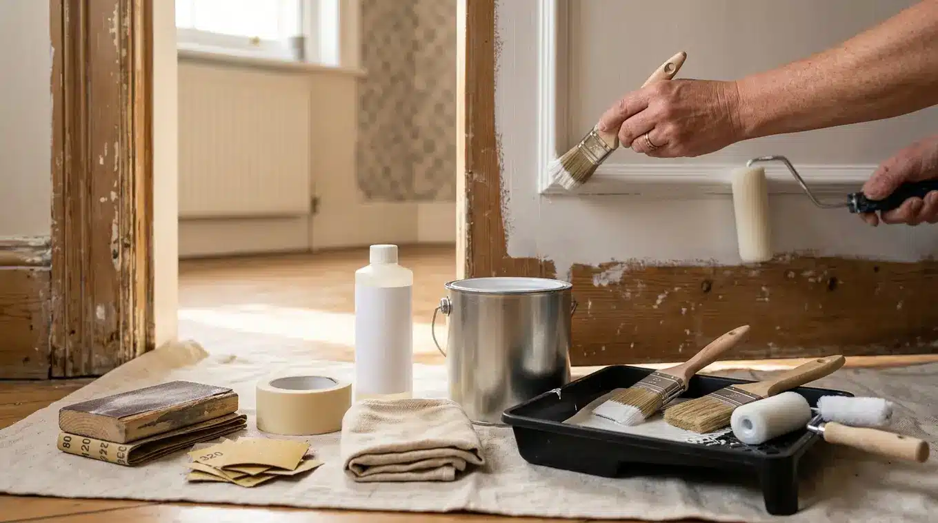 Horizontale foto van een deels geschilderd houten kozijn met schildergereedschap: een hand met een ronde synthetische lakkwast werkt de rand bij, een fijne schuimroller rolt het la