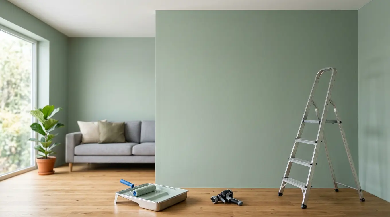 Horizontale foto van een strak ingerichte woonkamer met een poedermatte, egale geschilderde muur op egaal stucwerk; verfrol en onbedrukt verfgereedschap op de voorgrond, geen logo'
