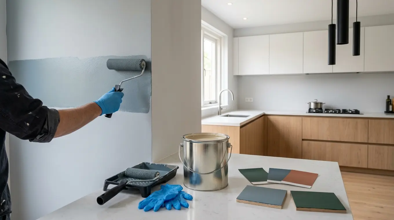 Horizontale foto van een moderne keuken: handen rollen satijnverf op een muur, verfemmer en roller op het werkblad, drie rijke kleurstalen (diep groen, steenblauw, terracotta) en s