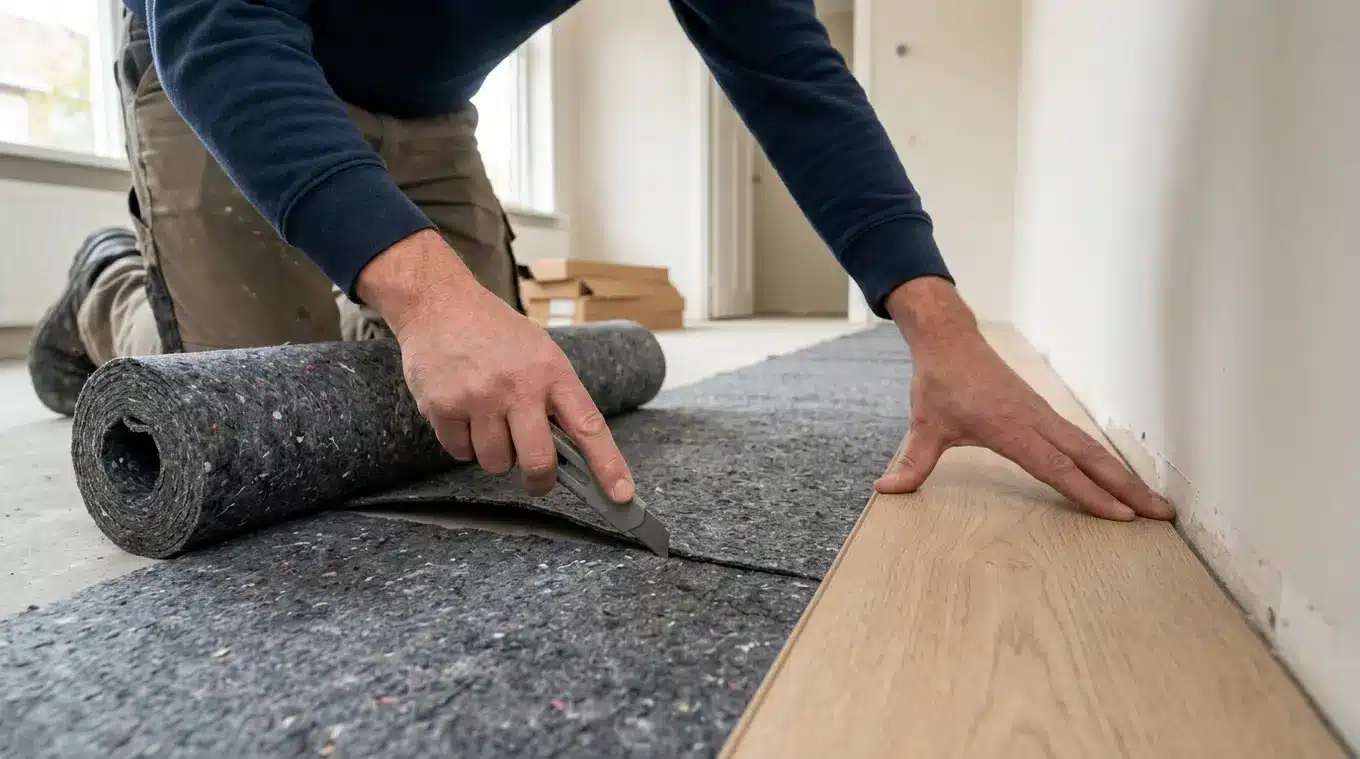 Installateur rolt en snijdt een dunne gerecyclede ondervloer terwijl een PVC-plank strak aansluit tegen de wand; vezelstructuur en nette naden zichtbaar.