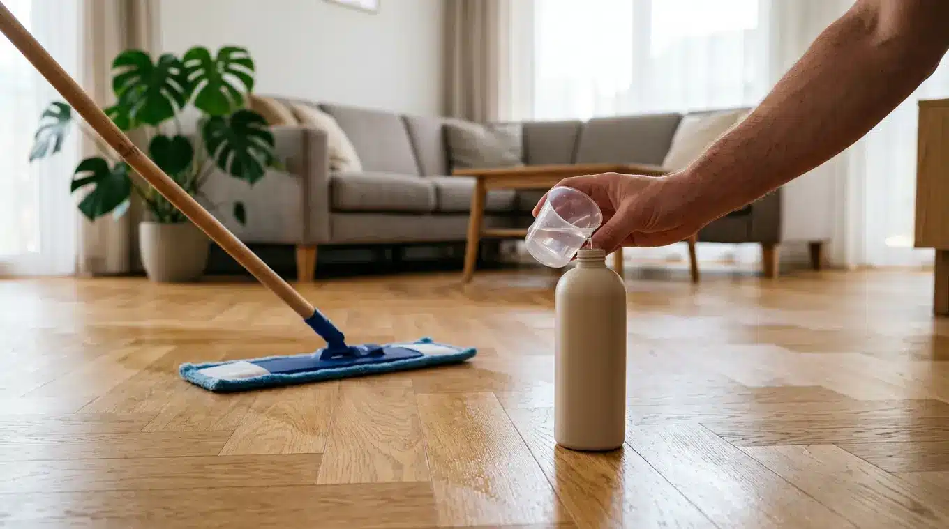 Licht ingerichte woonkamer met eiken parketvloer; in de voorgrond doseert een hand met een maatbeker een onbedrukt reinigingsfles terwijl een microvezelmop de vloer egaal en streep