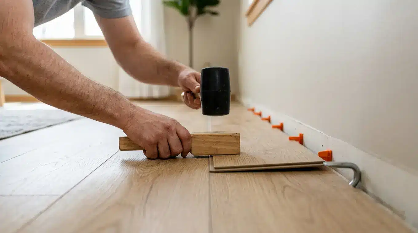 Close-up horizontale foto van handen die met een slagblok en rubberen hamer een klik-PVC plank aanslaan, met trekijzer langs de muur en kunststof afstandsblokjes tussen plank en mu