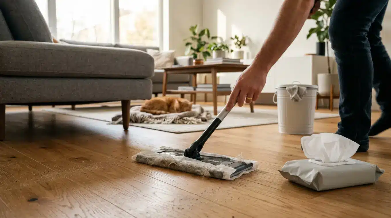 Lage foto van een extra-platte vloerwisser met XL droogdoek die stof en kattenharen opneemt; de wisser schuift onder een lage bank, een onopvallende open verpakking met natte doeke