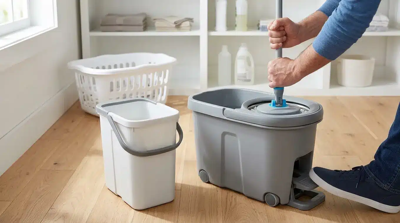 Horizontale foto van twee dweilemmeropties naast elkaar; persoon drukt handgreep omlaag om mop te persen en bedient voetpers bij de grotere emmer, overtrek klaar om in wasmand te g