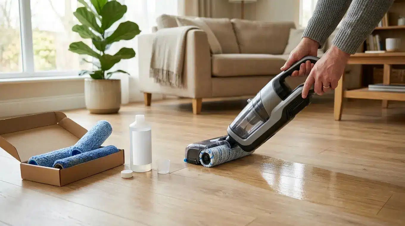 Elektrische vloerreiniger zonder logo op een laminaatvloer; naast de machine reserve-rollen en een blanco navulfles; zichtbaar verschil tussen schoongemaakt en onbehandeld deel van