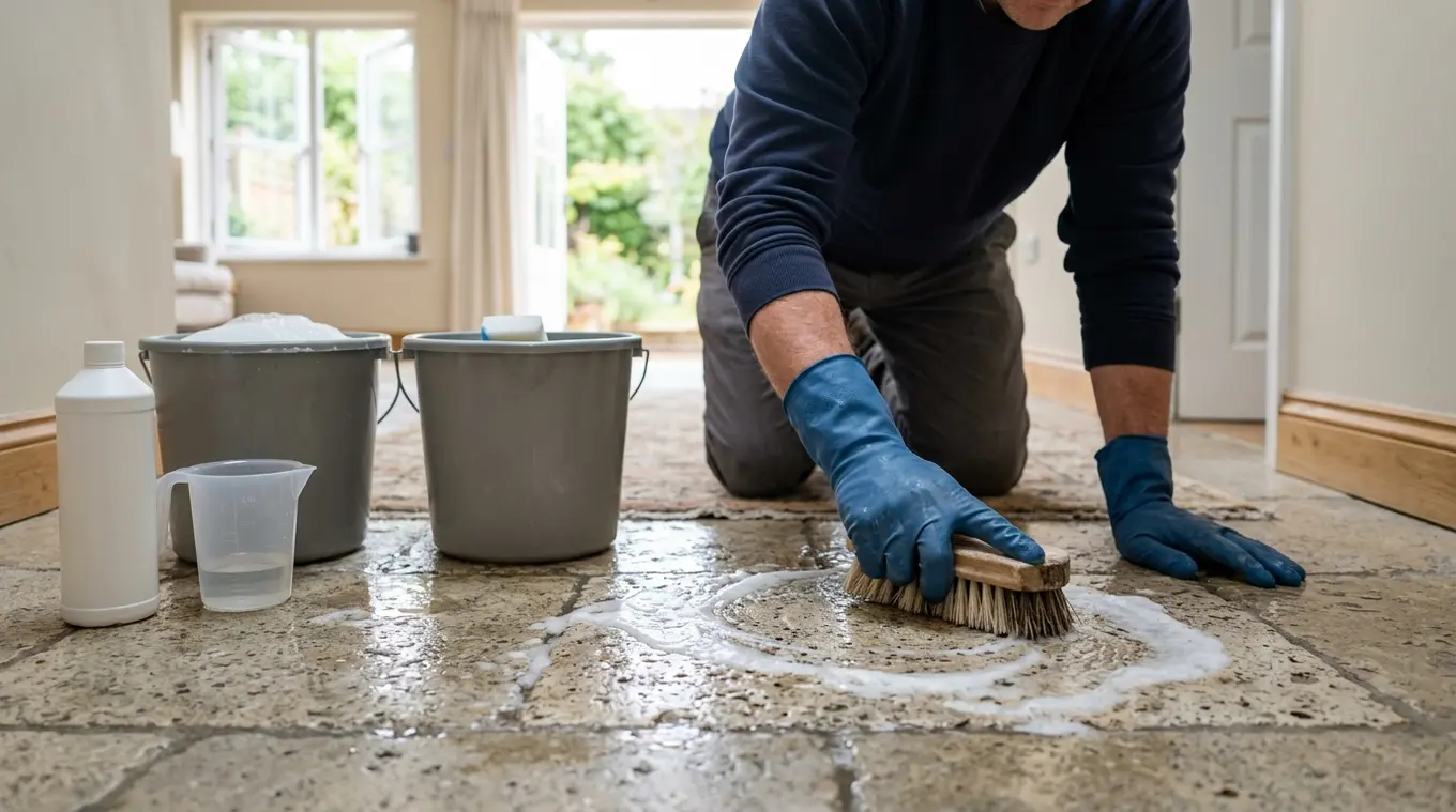 Persoon met rubberen handschoenen schrobt poreuze natuursteentegels; twee emmers (reinigingsoplossing en schoon spoelwater) en een onbedrukte fles met maatbeker op de vloer, open r